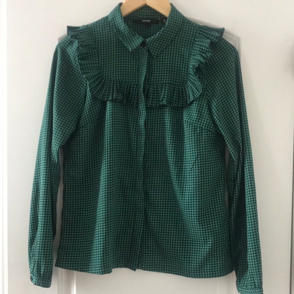 Jewel green/black gingham ruffle blouse - Picture 1 of 3